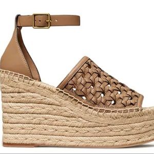 TORY BURCH Basket-Weave Leather Espadrille Wedge Sandals